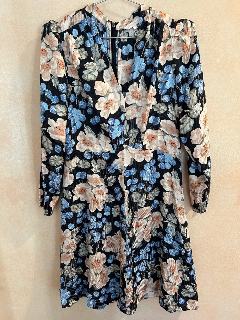 Rebecca Taylor silk bBlack Floral Long Sleeve Mini Dress with Blue & Cream 8